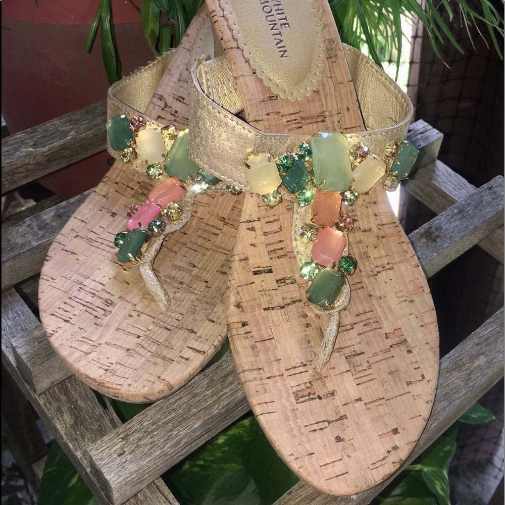 Crystal embellished cork wedged thong sandal